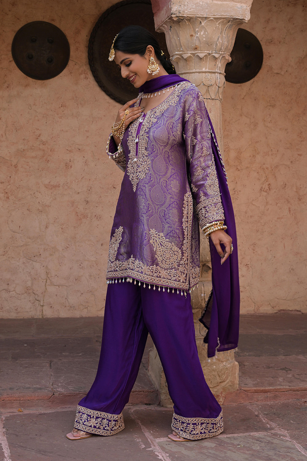 Royal Purple Brocade Kurti Pant Set Designer Party Outfit