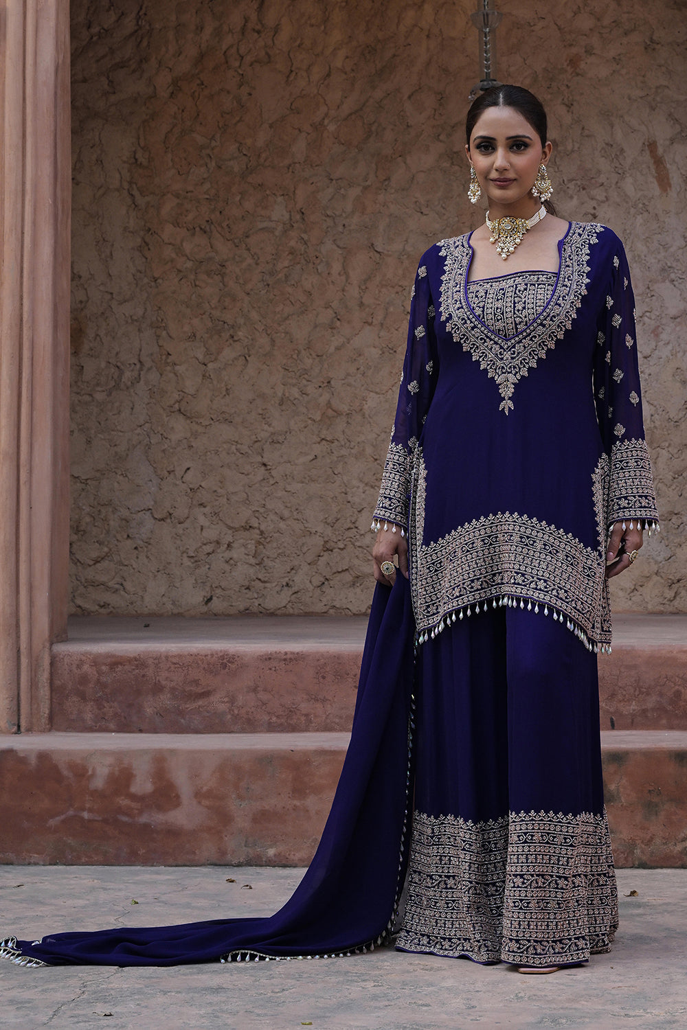 Royal Purple Georgette Beads Embroidered Kurta Palazzo Set