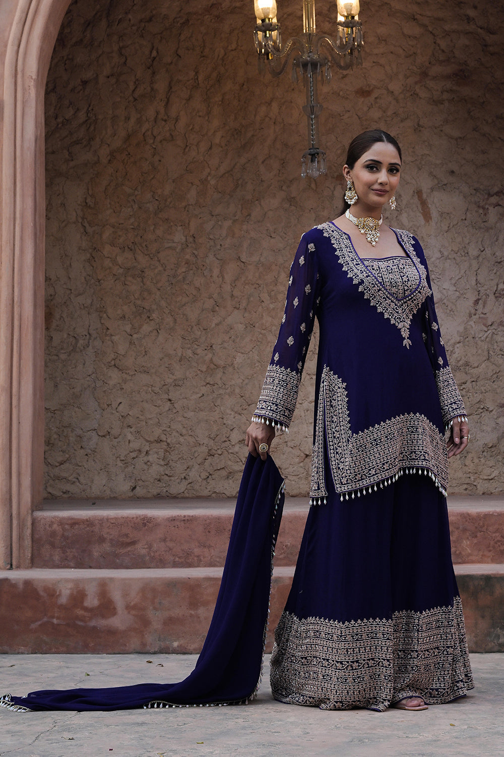 Royal Purple Georgette Beads Embroidered Kurta Palazzo Set