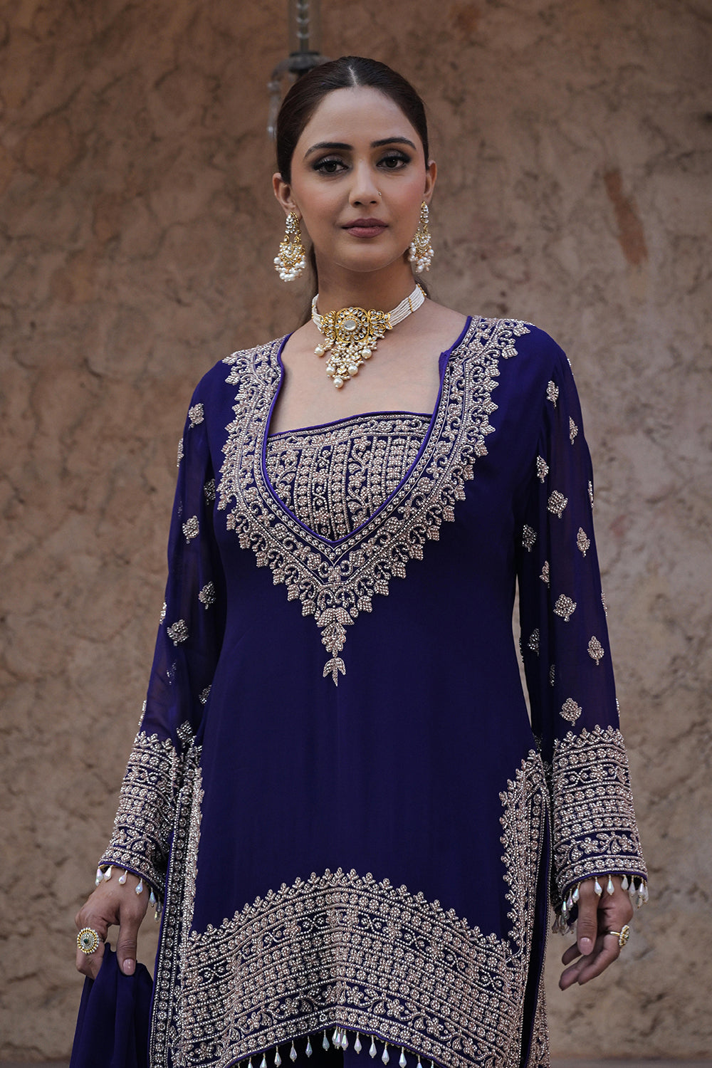 Royal Purple Georgette Beads Embroidered Kurta Palazzo Set