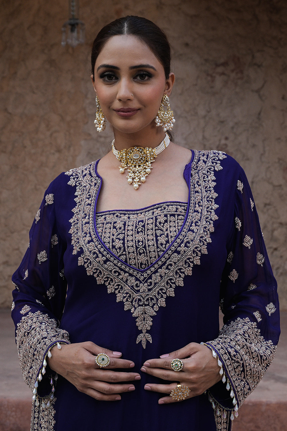 Royal Purple Georgette Beads Embroidered Kurta Palazzo Set