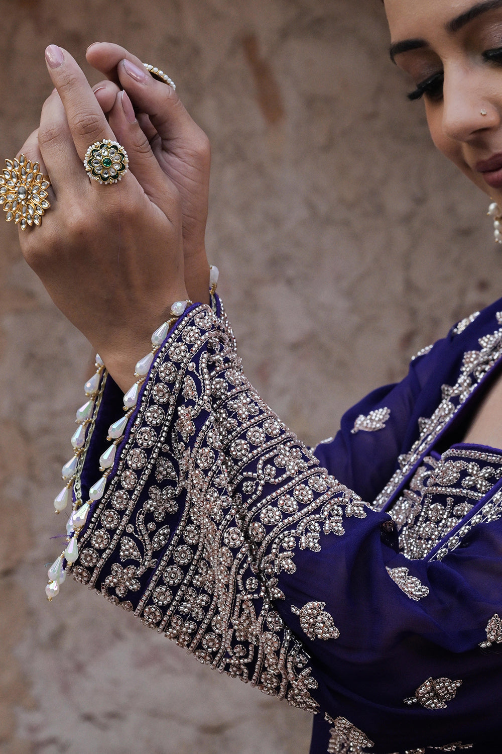 Royal Purple Georgette Beads Embroidered Kurta Palazzo Set