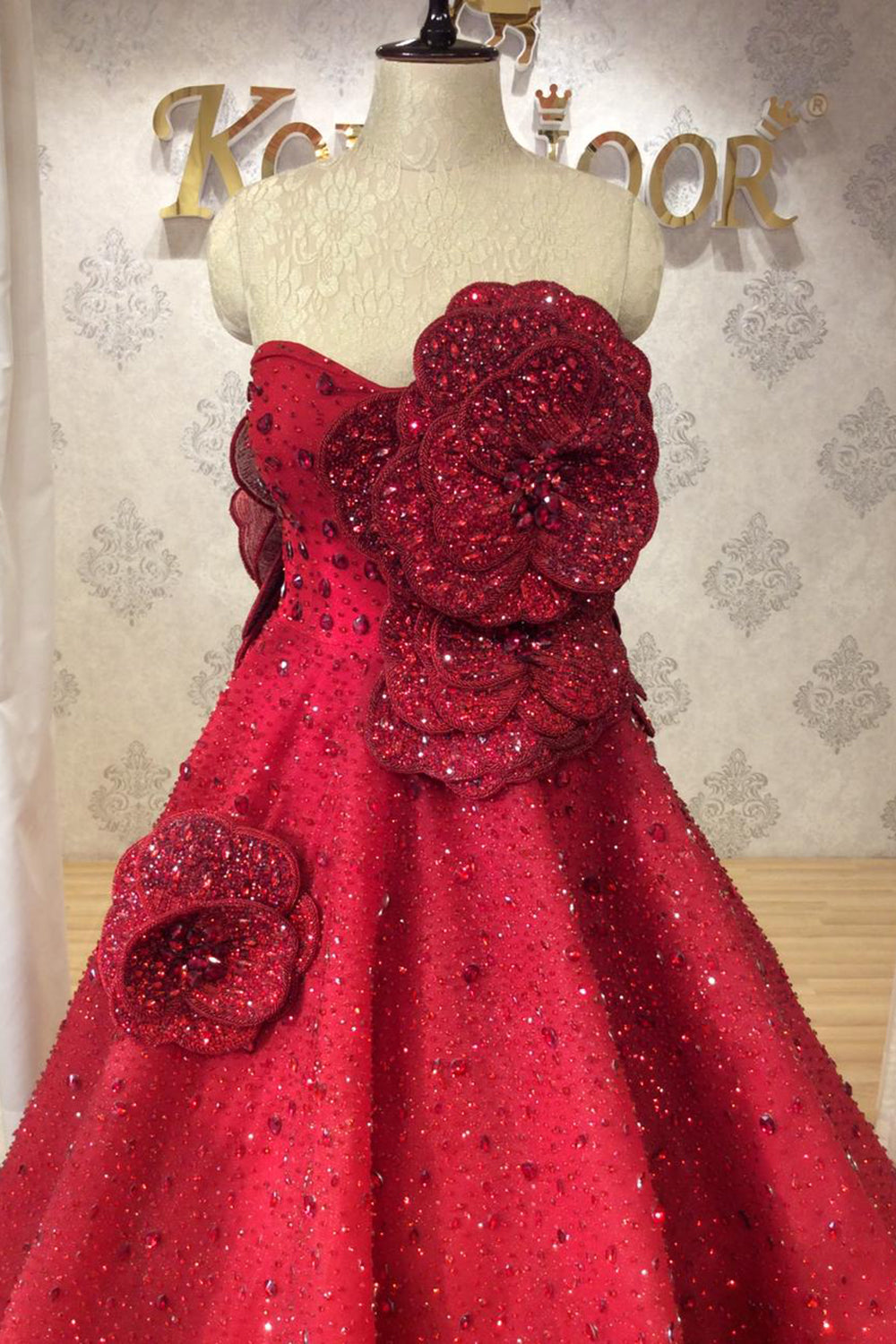 Ruby Red 3D Floral Ball Gown with Heavy Crystal Embellishment