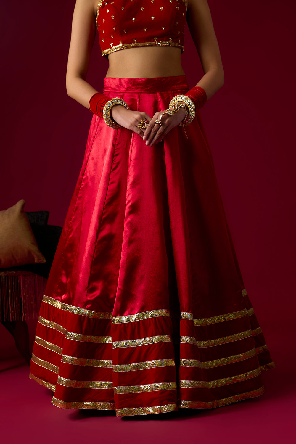 Ruby Red Russian Silk Satin Lehenga with Velvet Blouse Set