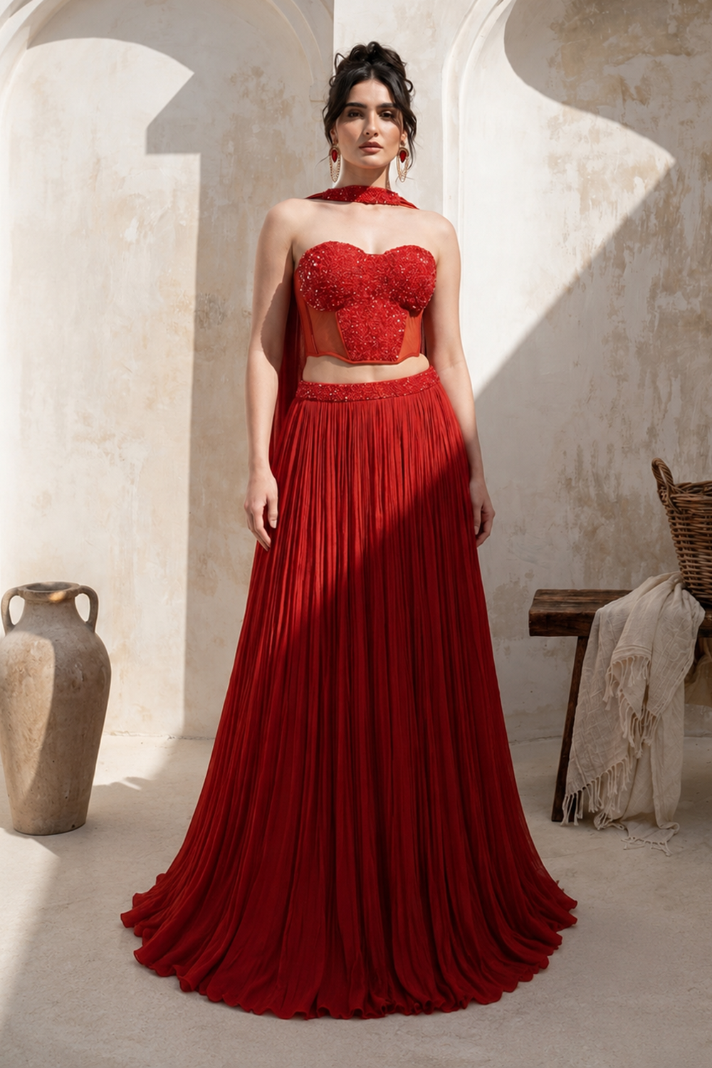 Rust Orange Corset with pleated Skirt & Dupatta