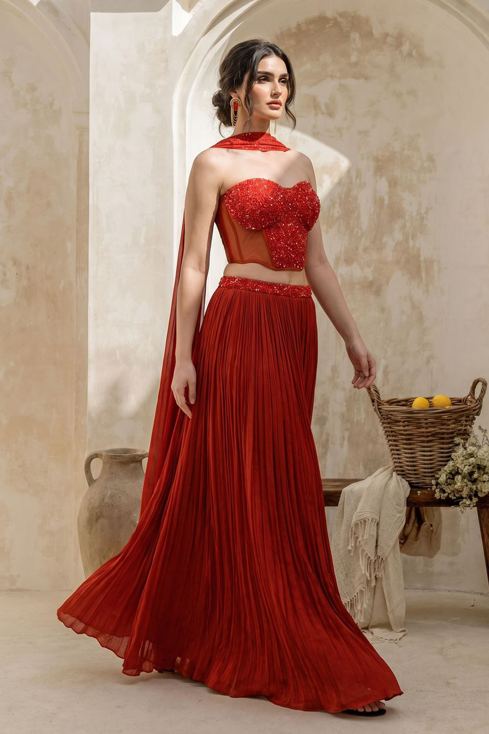 Rust Orange Corset with pleated Skirt & Dupatta