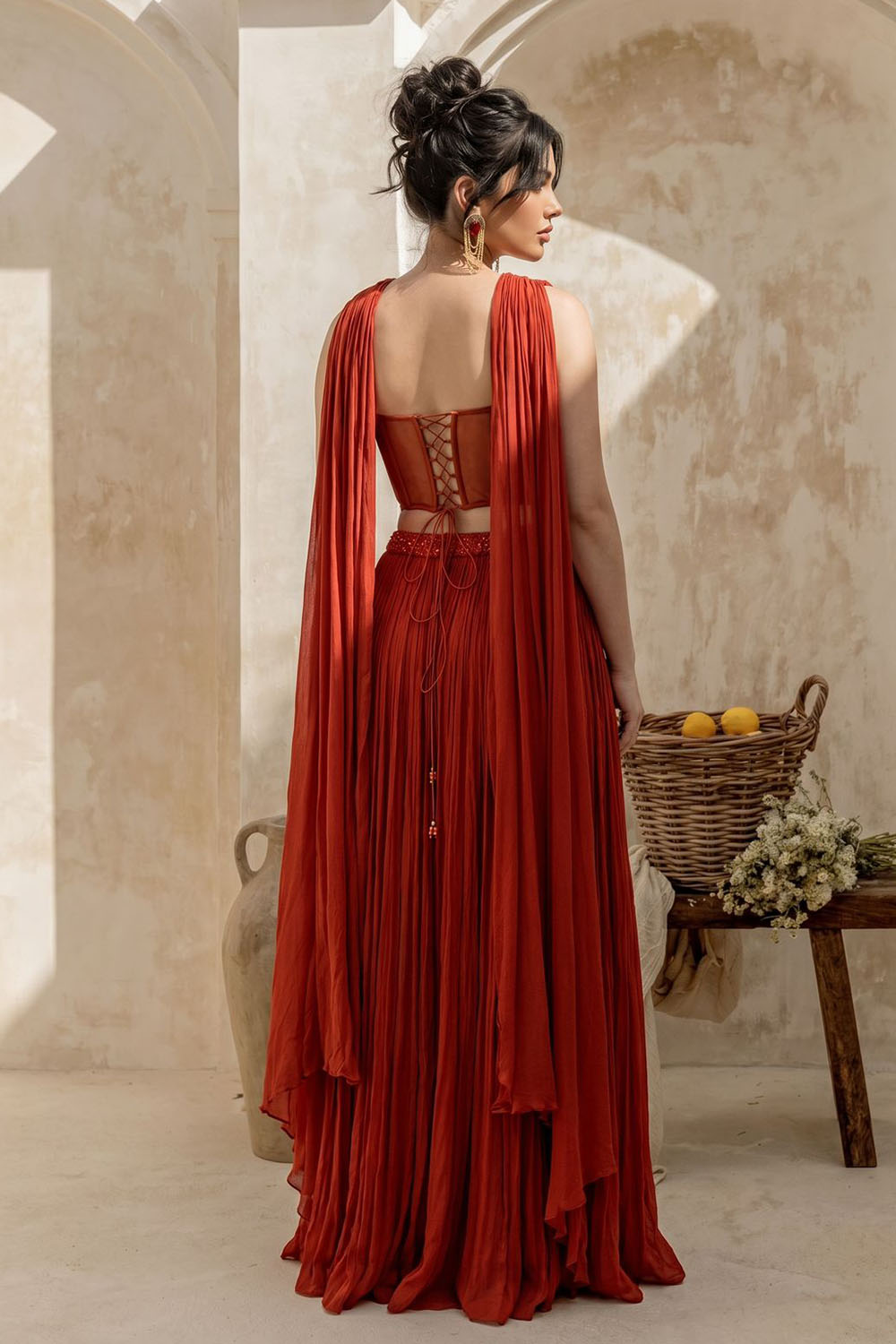 Rust Orange Corset with pleated Skirt & Dupatta