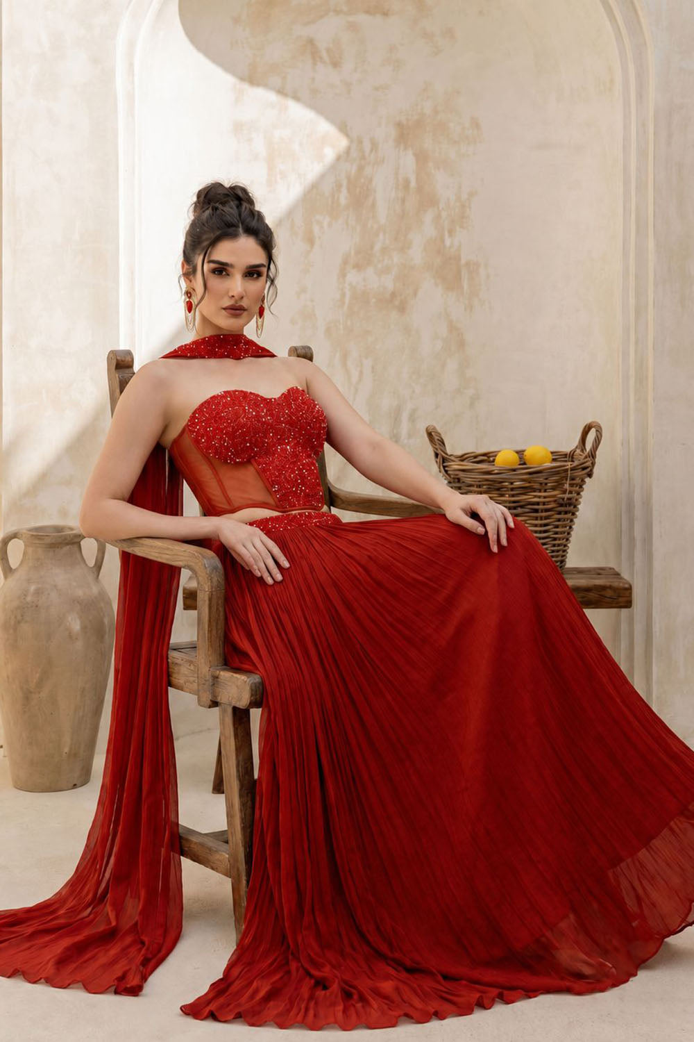 Rust Orange Corset with pleated Skirt & Dupatta