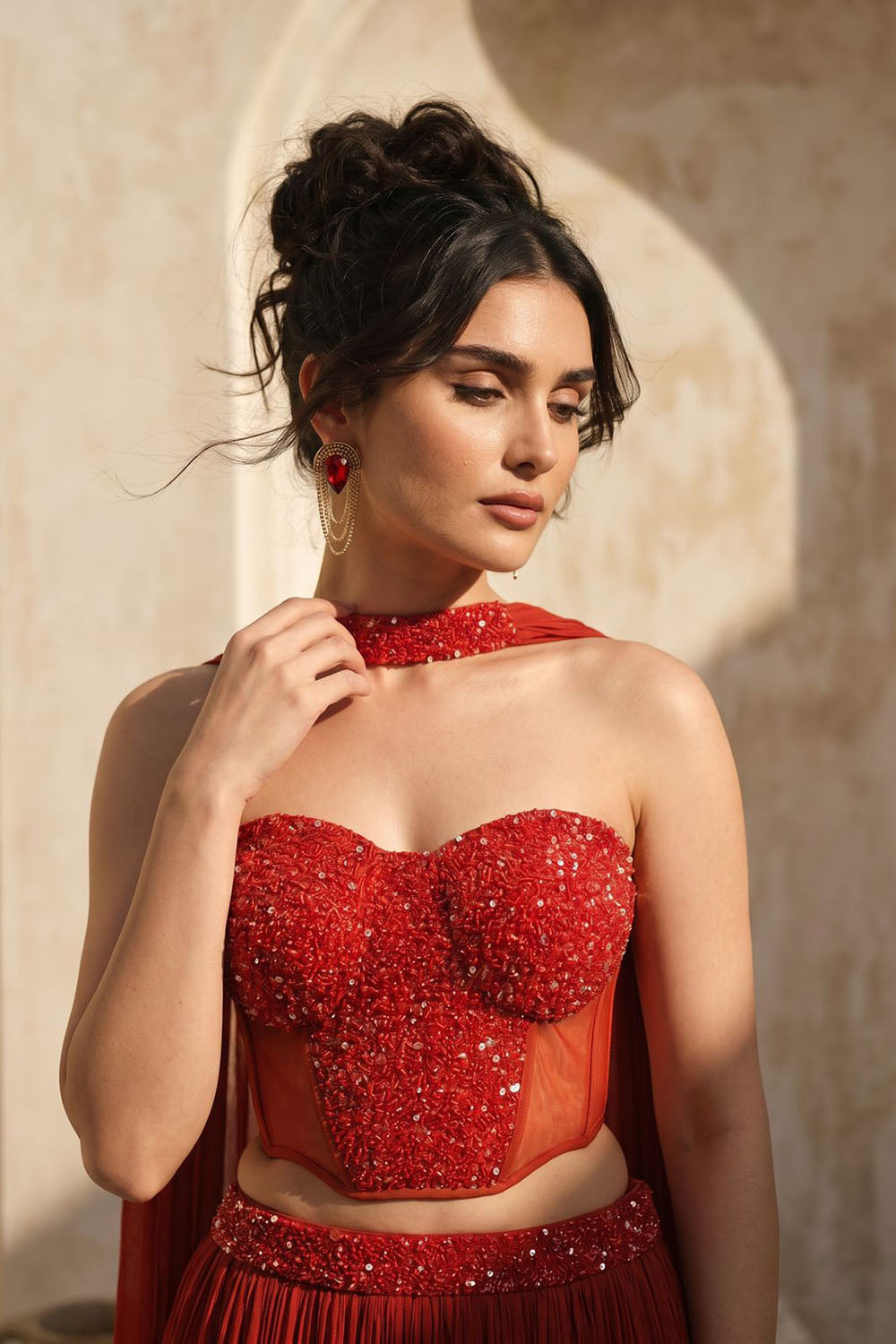 Rust Orange Corset with pleated Skirt & Dupatta
