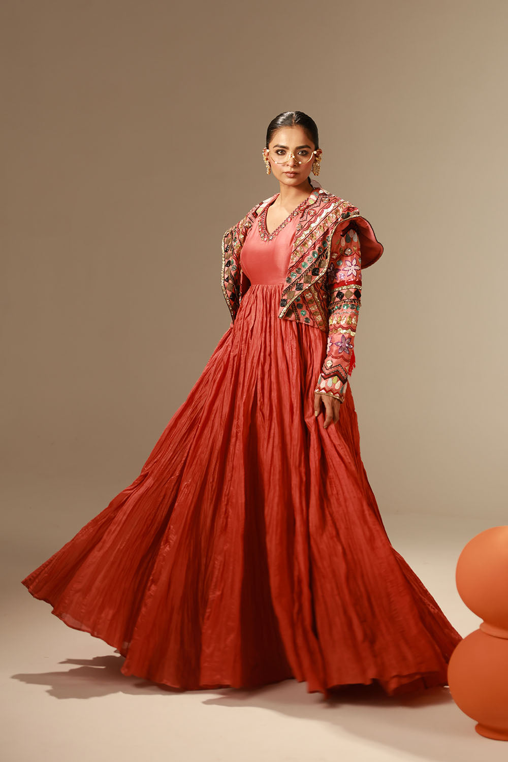 Rust-Red Crushed Flared Anarkali Gown