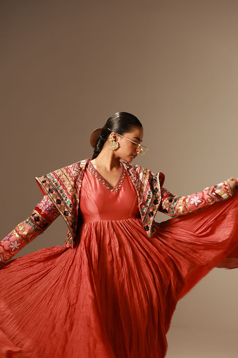 Rust-Red Crushed Flared Anarkali Gown