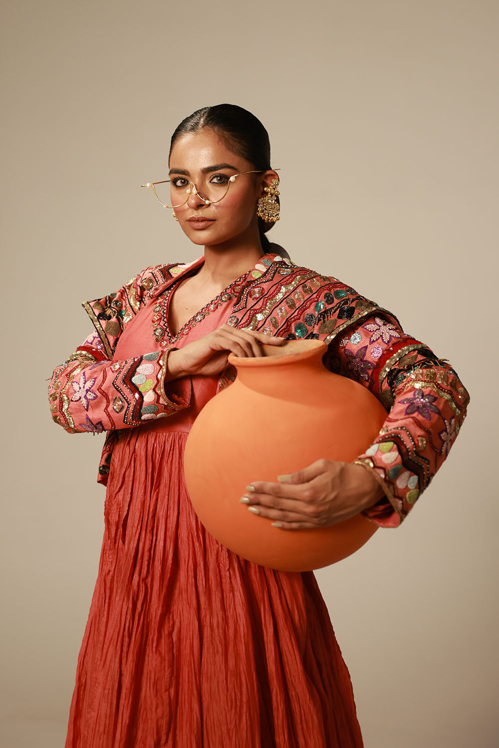 Rust-Red Crushed Flared Anarkali Gown