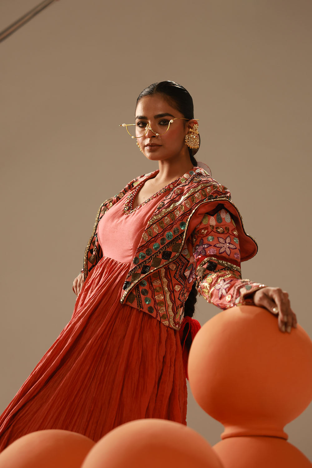 Rust-Red Crushed Flared Anarkali Gown