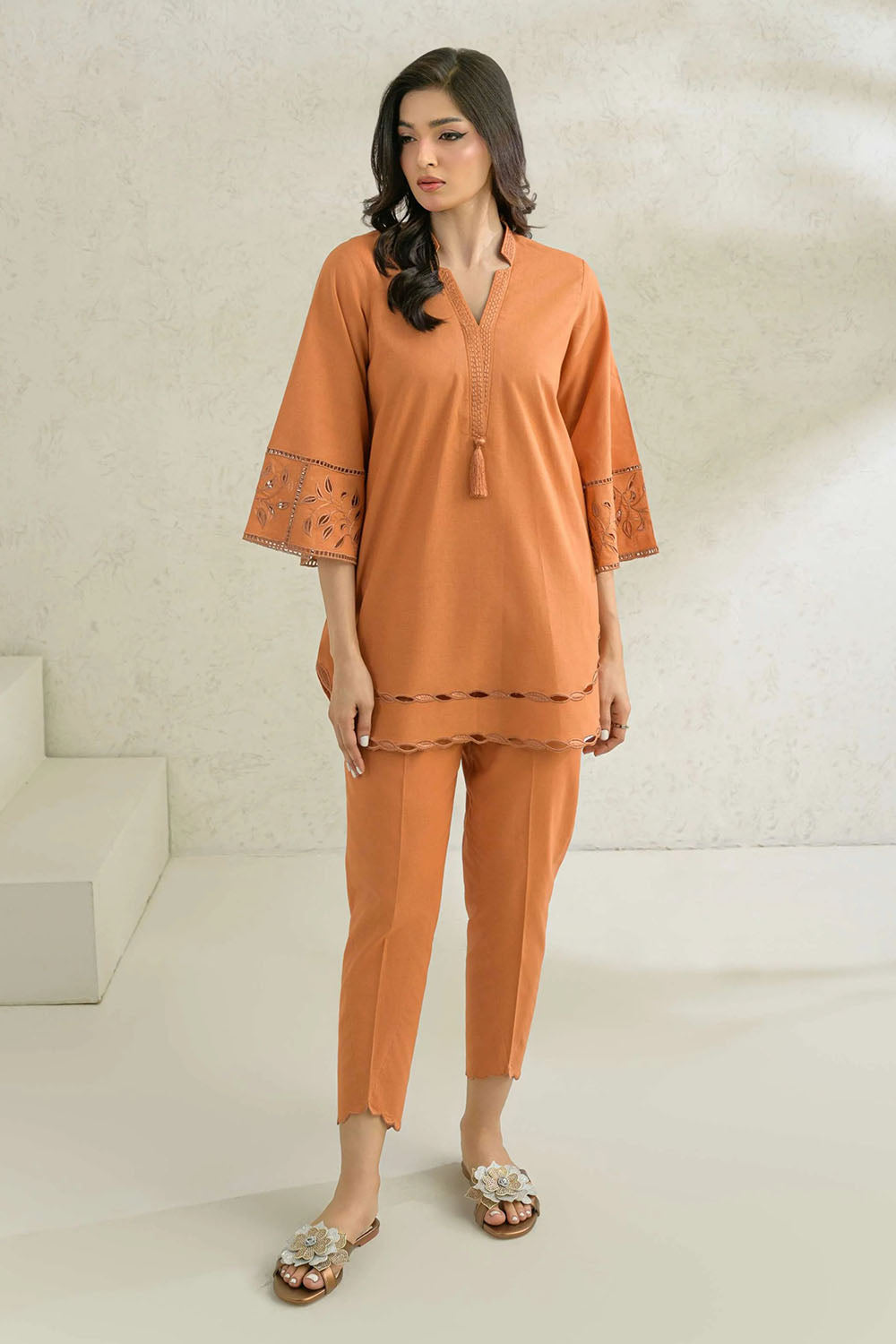 Rust Solid Embellished Three-Quarter Sleeve Co-Ord Sets