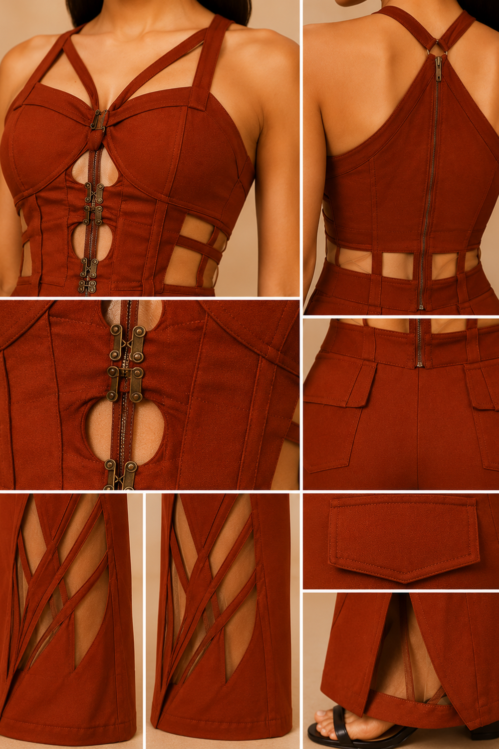 Rust Structured Sweetheart Corset Top & Wide-Leg Pants Set