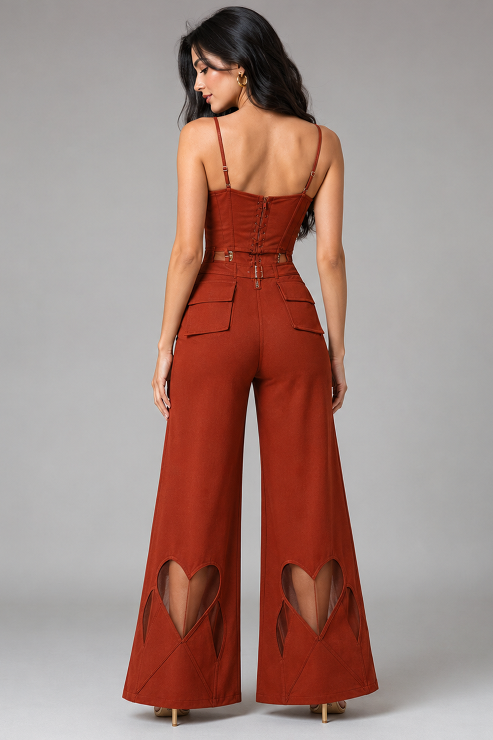 Rust Corset Peplum Top with Heart Cut-Out Wide-Leg Pants Co-Ord Set