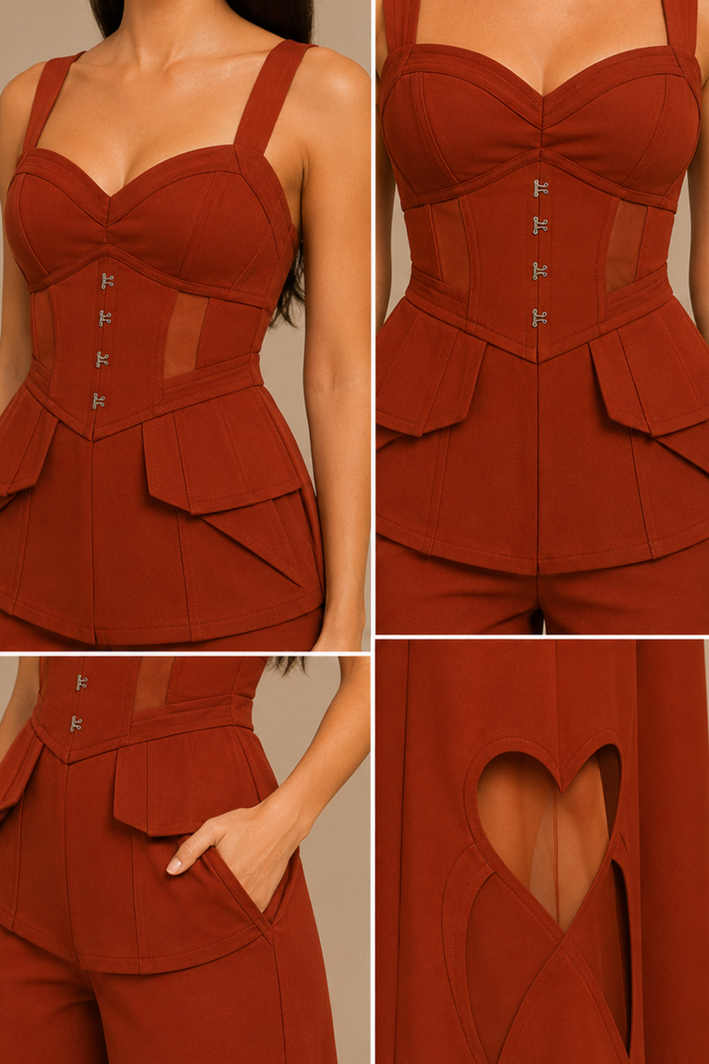 Rust Corset Peplum Top with Heart Cut-Out Wide-Leg Pants Co-Ord Set