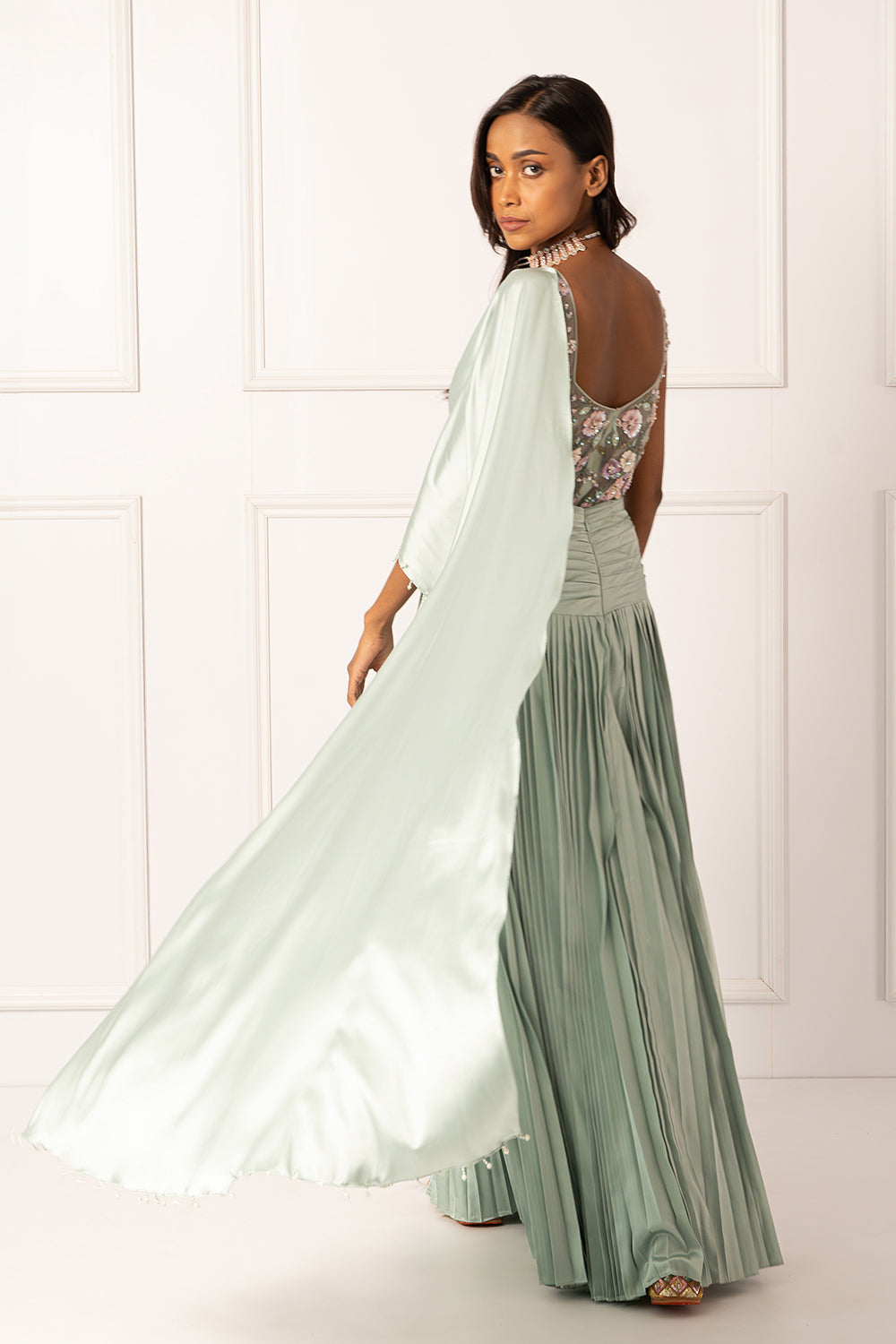 Sage green drape saree set