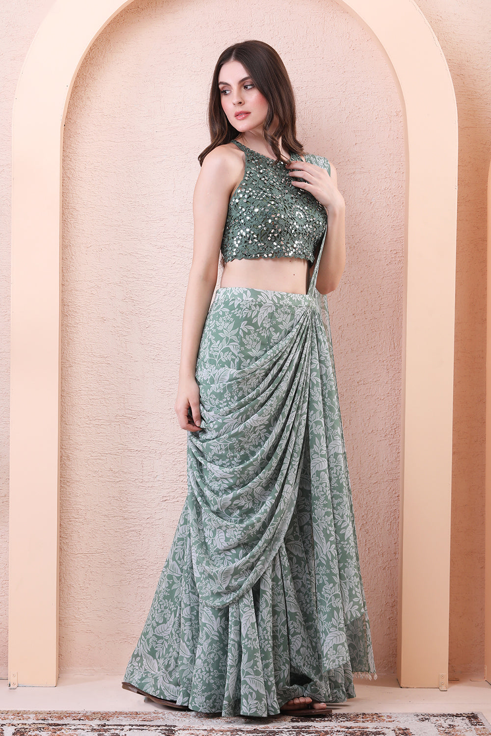 Sage Green Drape Saree With Halter Neck Mirror Blouse