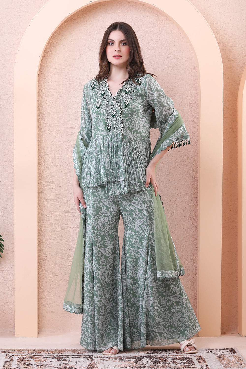 Sage Green Draped Angrakha Kurta Sharara Set