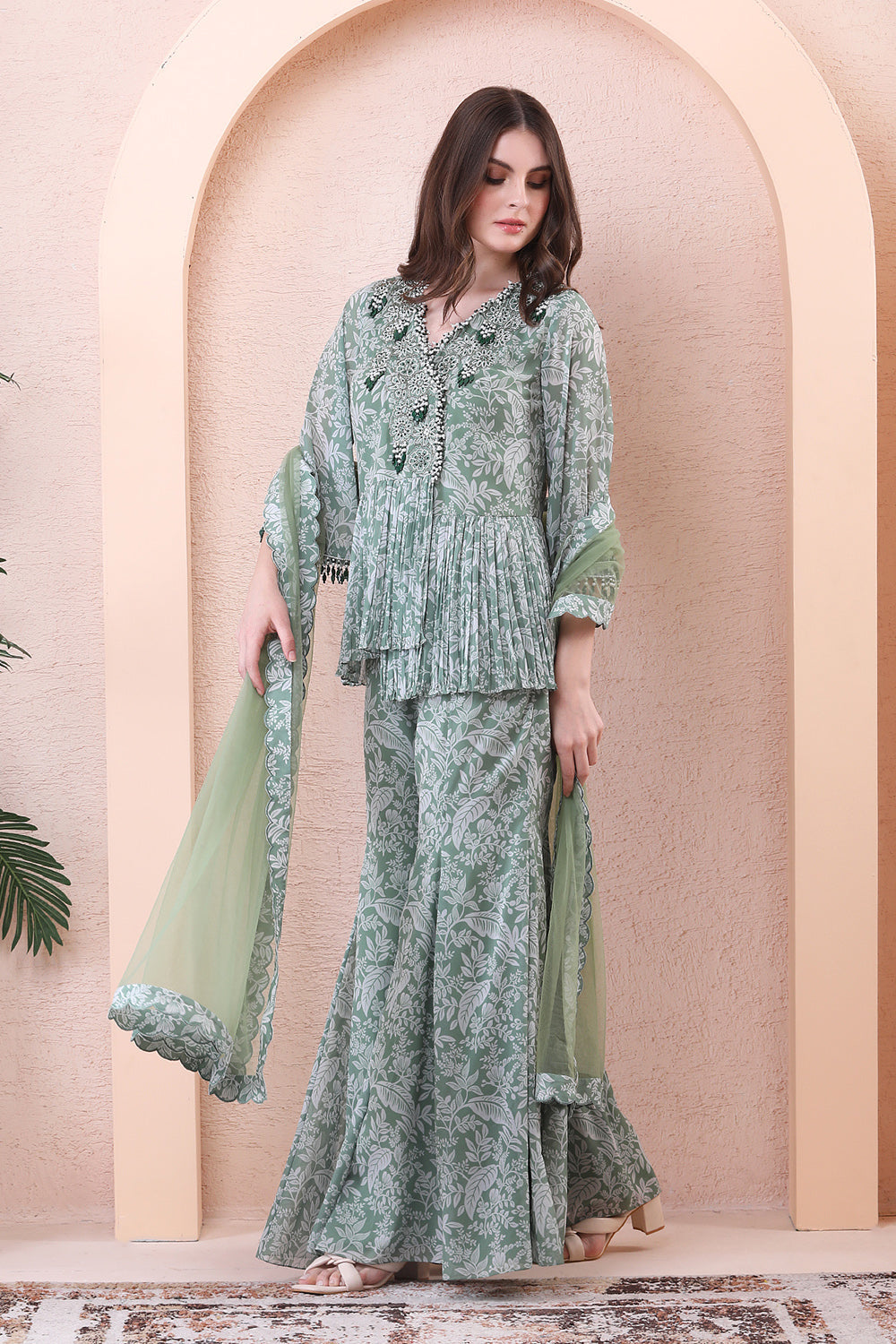 Sage Green Draped Angrakha Kurta Sharara Set