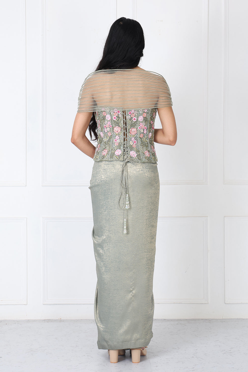 Sage Green Embroidered Corset With Drape Skirt