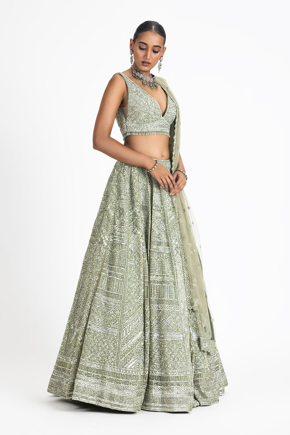 Sage Green Net Lehenga Set