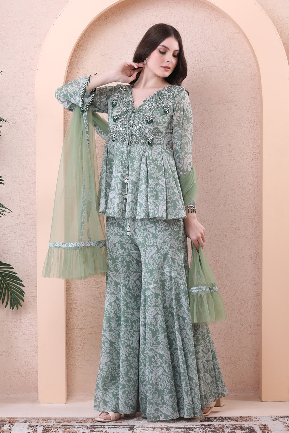 Sage Green Printed Anarkali Set