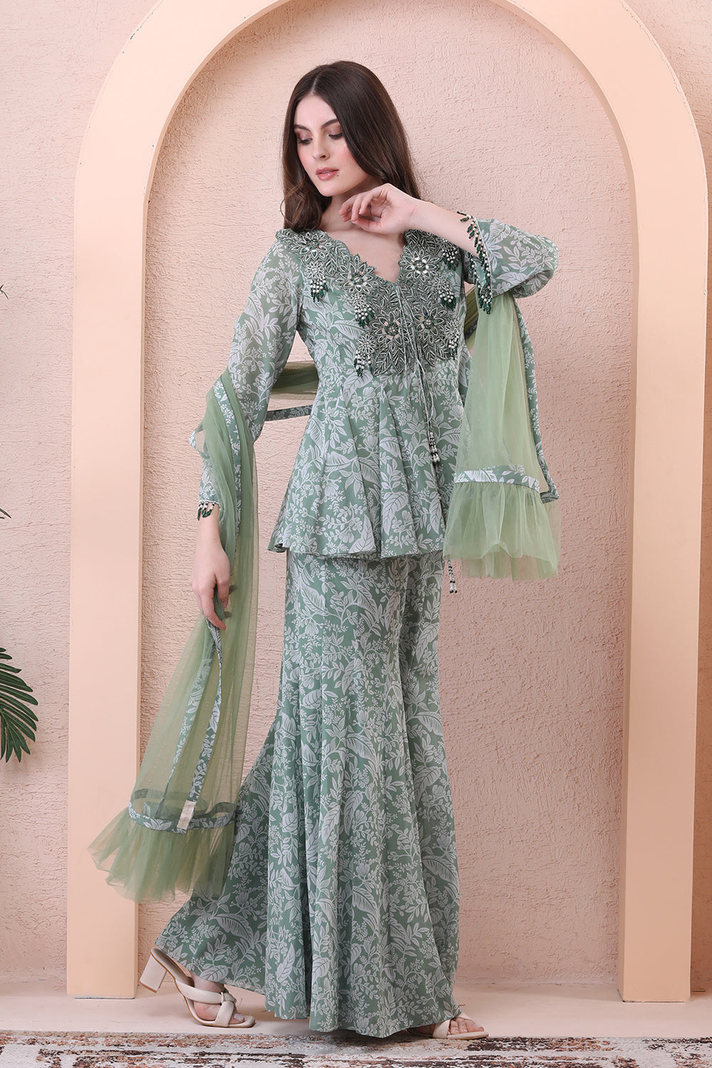 Sage Green Printed Anarkali Set