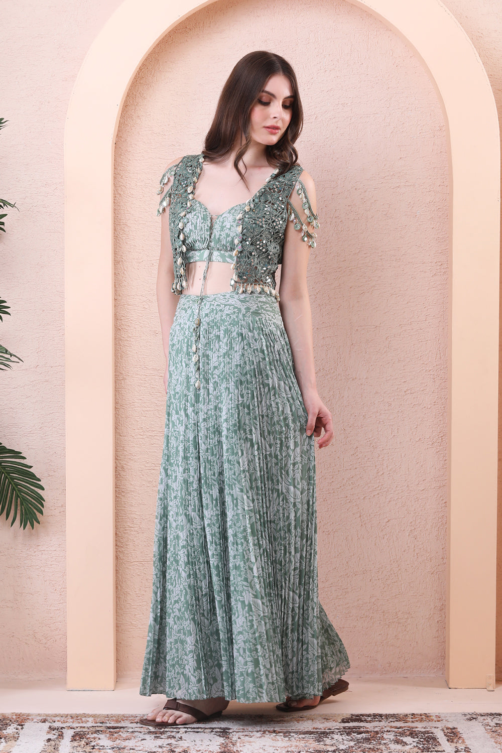 Sage Green Printed Pleated Skirt With Mirror Jacket