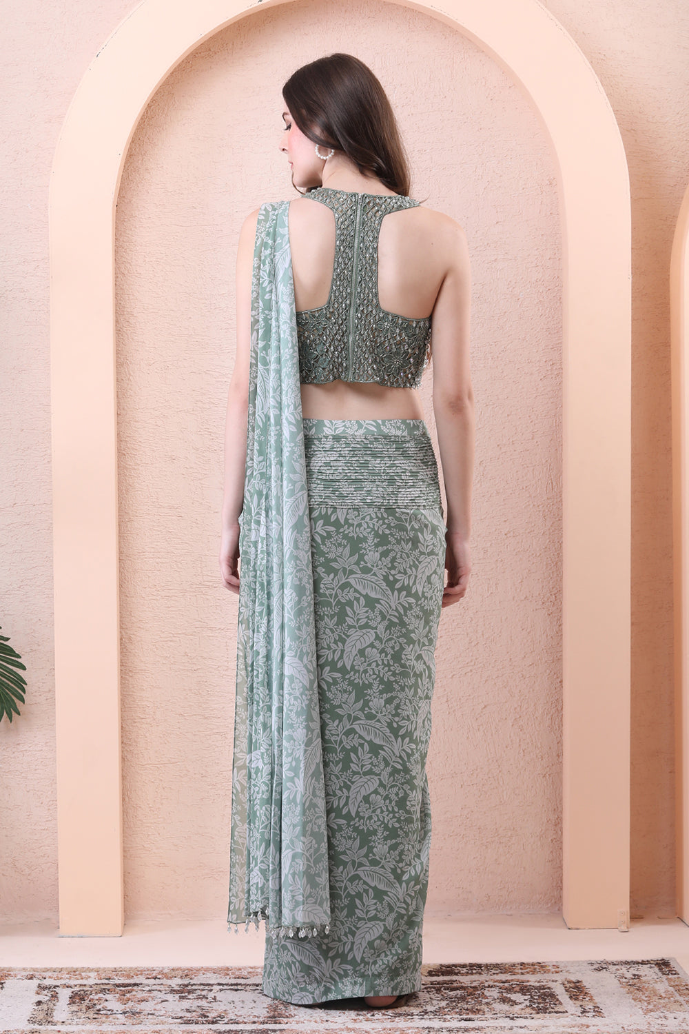 Sage Green Printed Pleated Skirt With Mirror Jacket