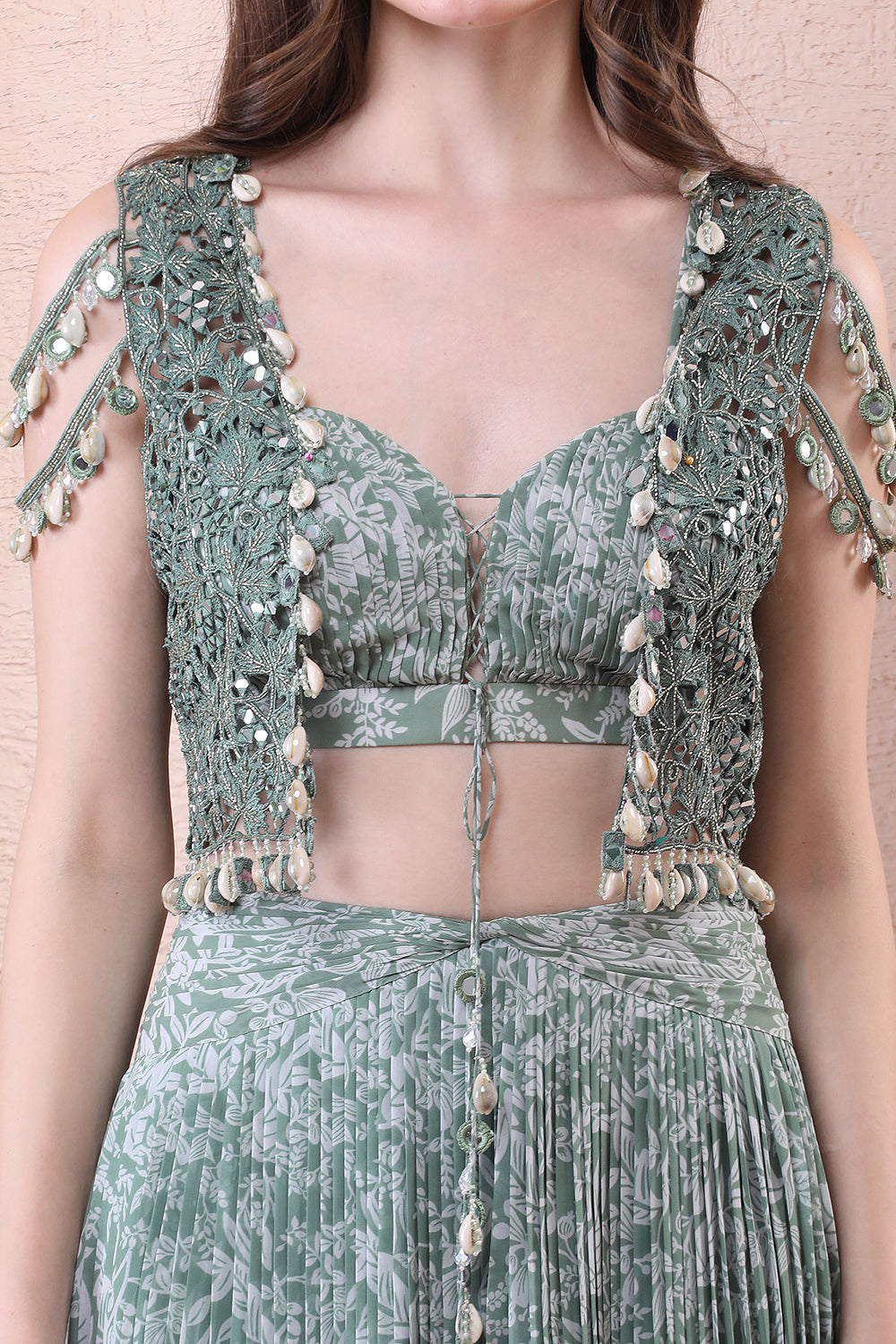 Sage Green Printed Pleated Skirt With Mirror Jacket