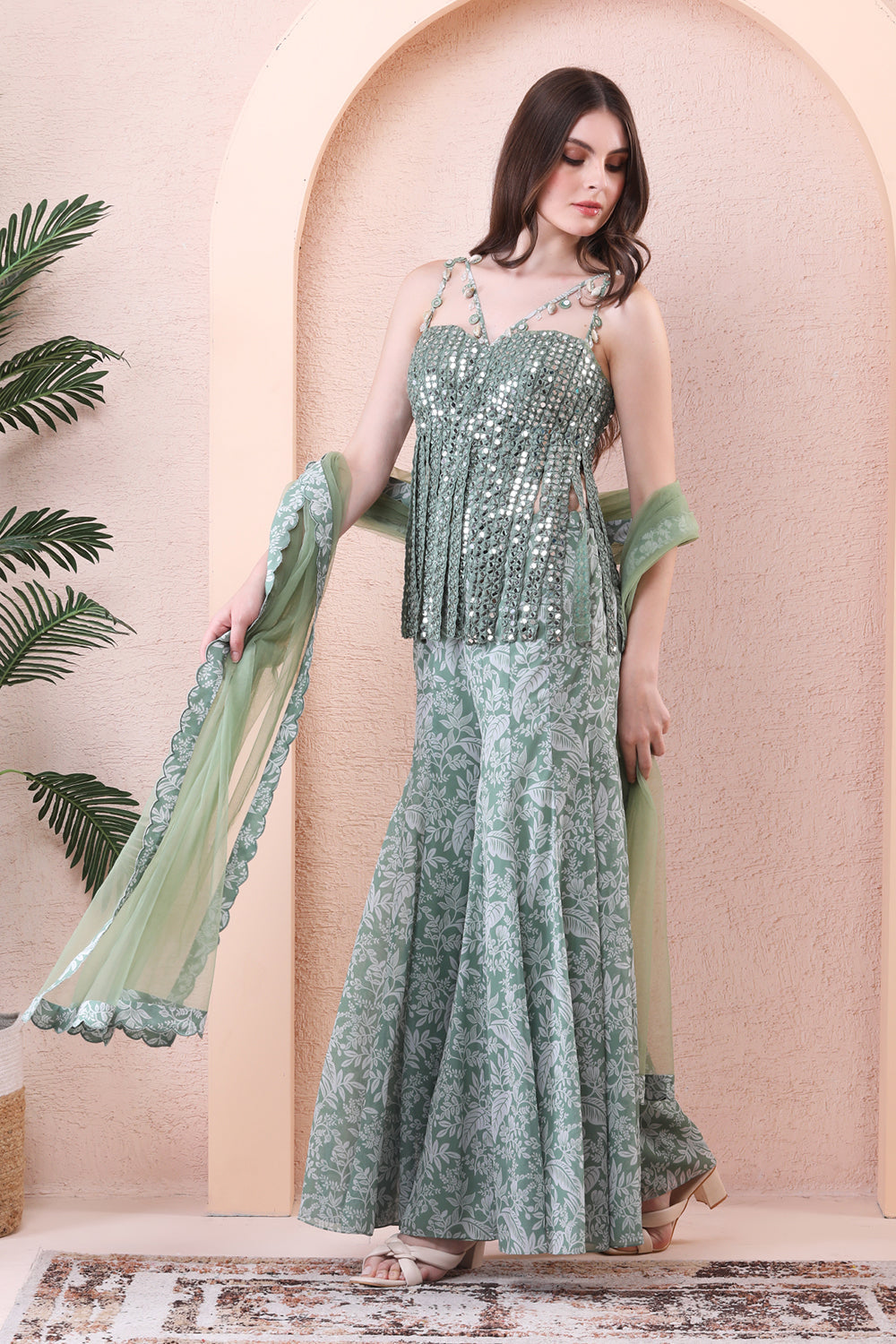 Sage Green Printed Sharara With Mirror Bodysuit