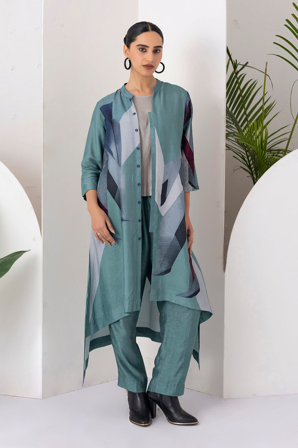 Sage Green Viscose Dupion Printed High-Low Dress