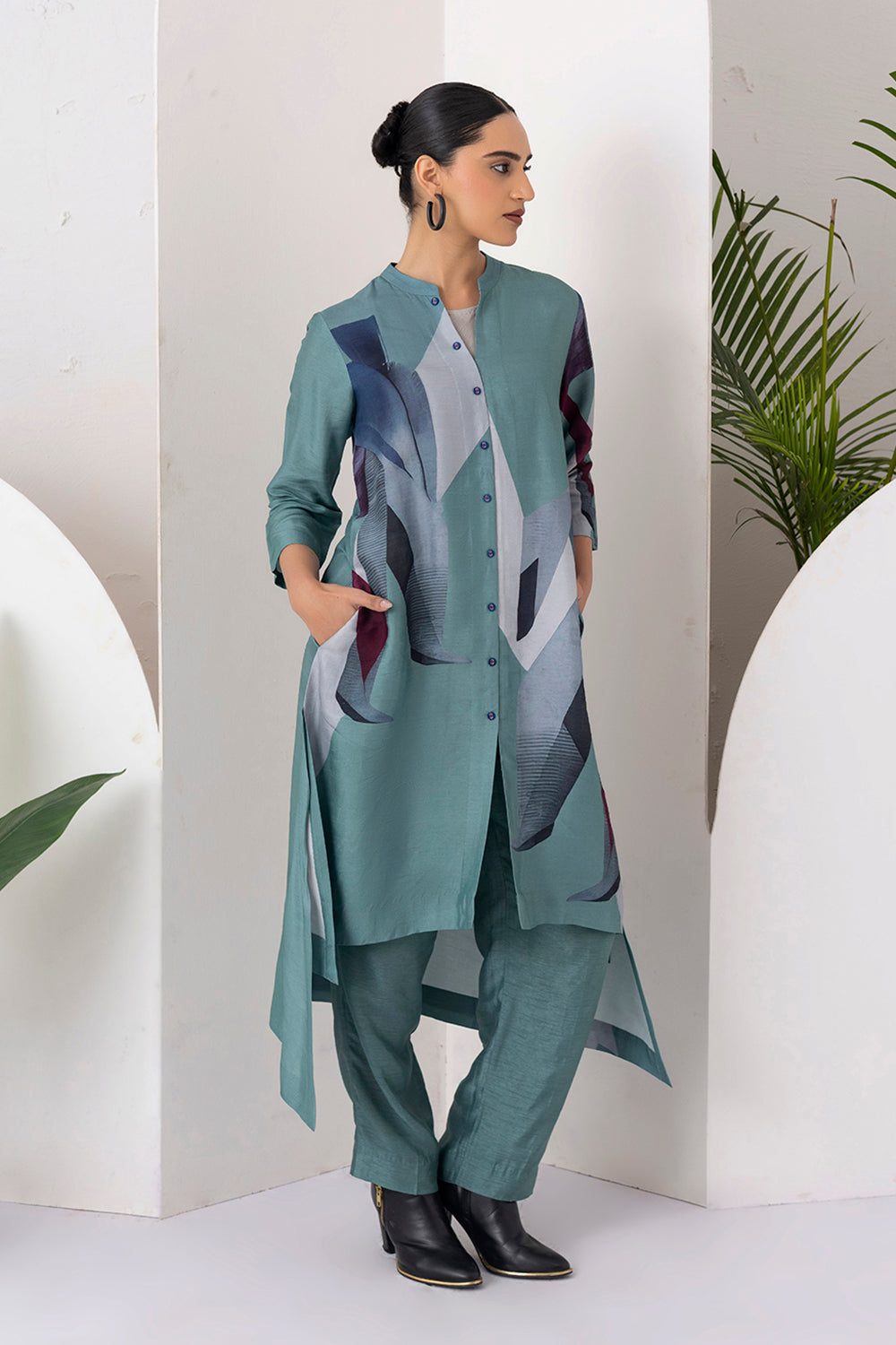 Sage Green Viscose Dupion Printed High-Low Dress