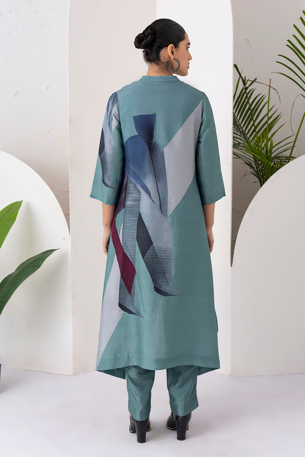 Sage Green Viscose Dupion Printed High-Low Dress