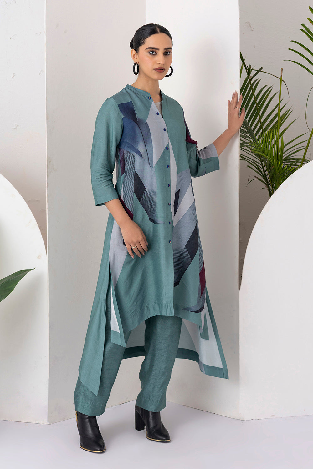 Sage Green Viscose Dupion Printed High-Low Dress