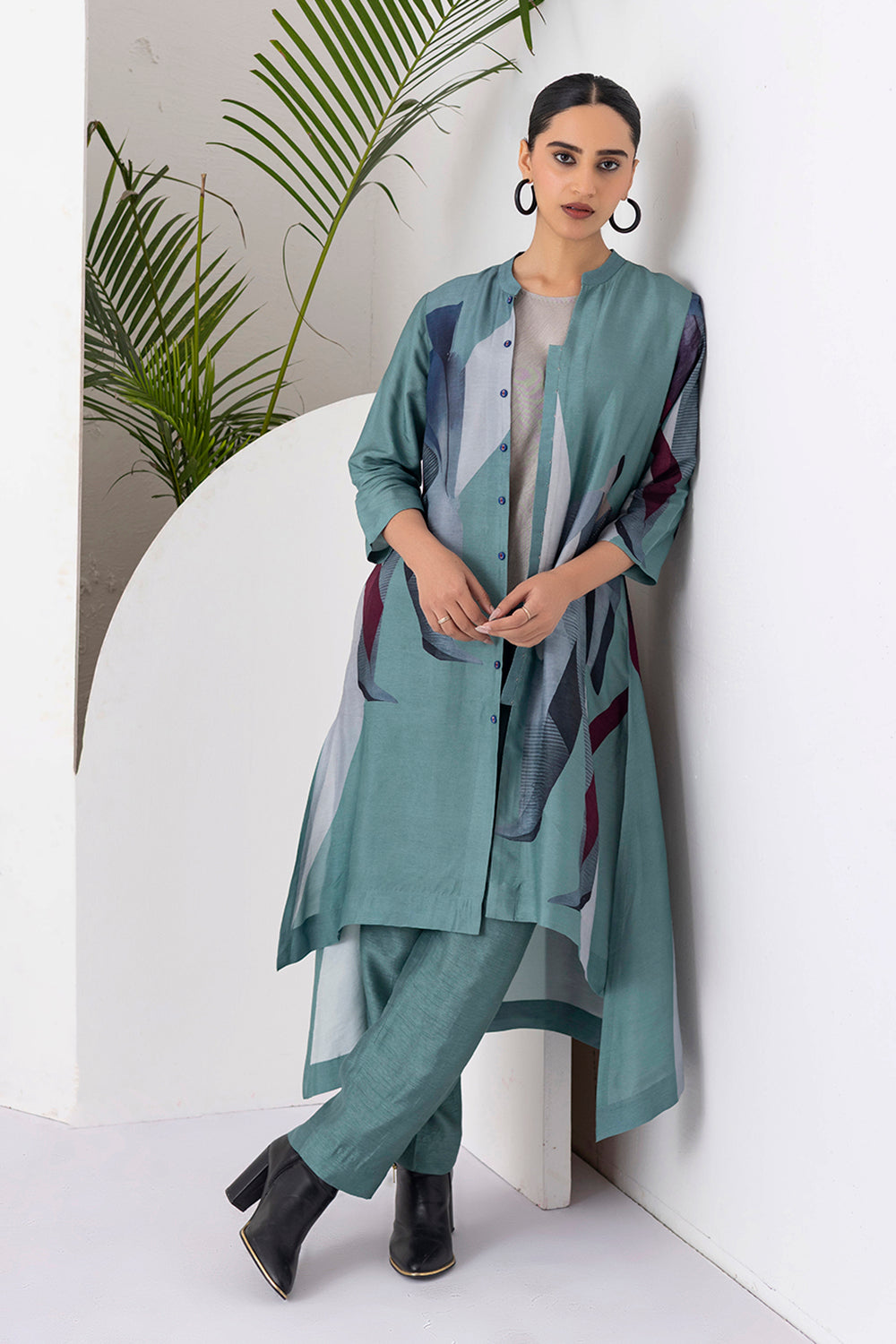 Sage Green Viscose Dupion Printed High-Low Dress