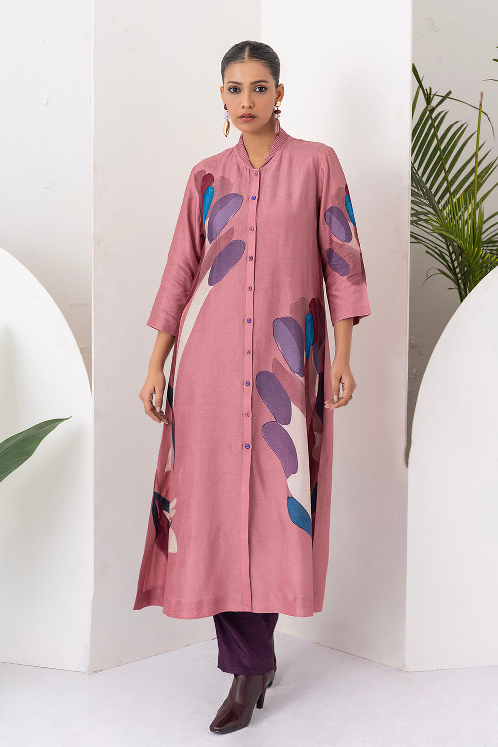 Salmon Pink Viscose Dupion Printed Dress