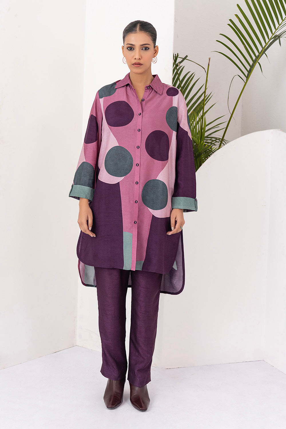 Salmon Pink & Wine Viscose Dupion Printed Shirt Style Tunic