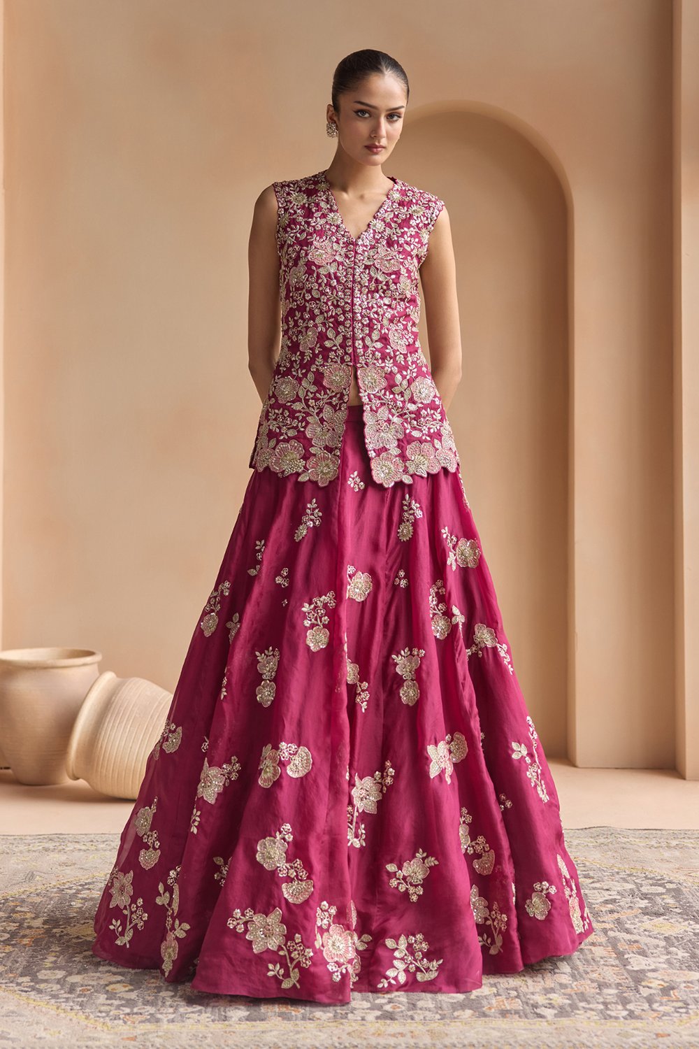 Sangria Plum Embroidered Organza Lehenga Set