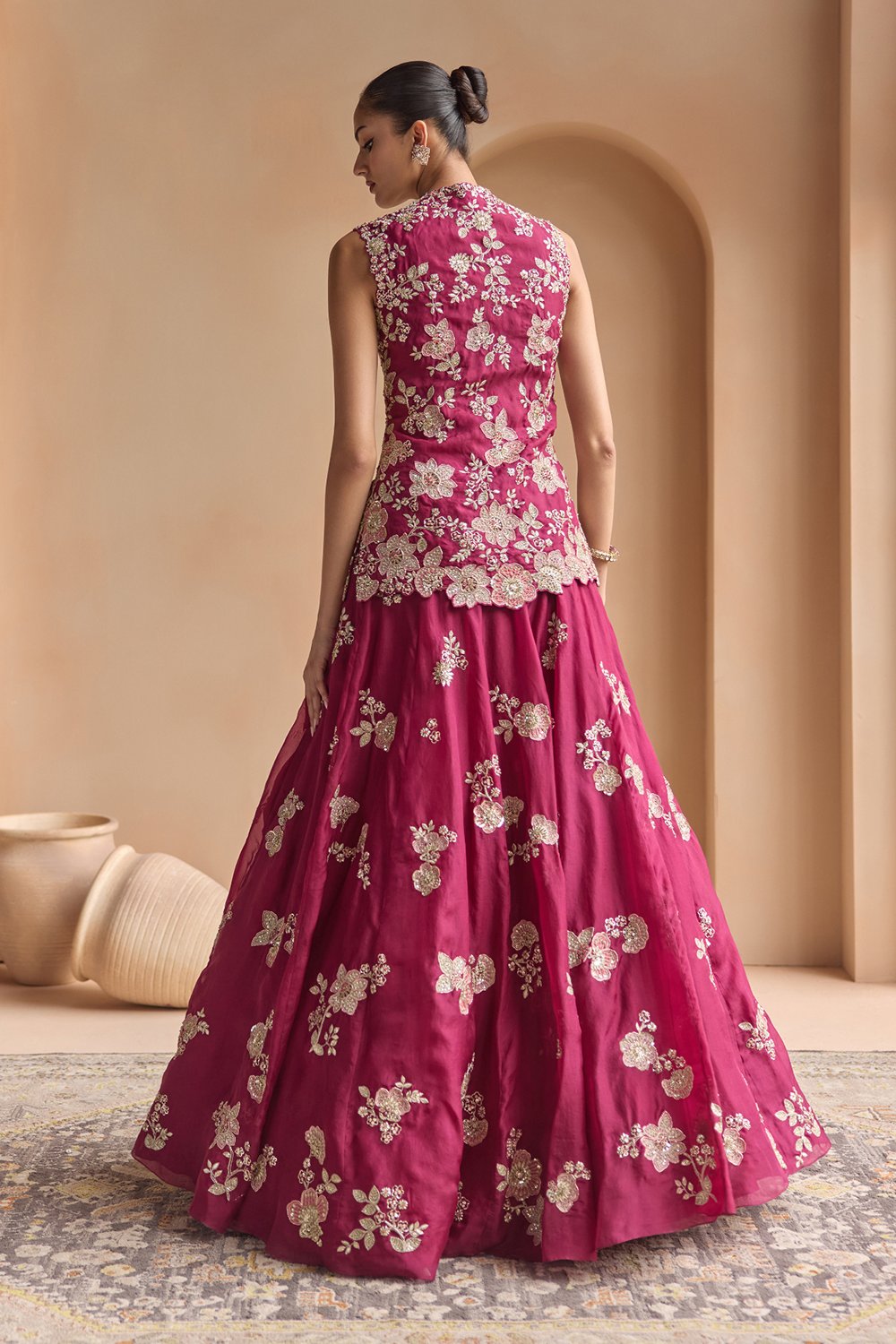 Sangria Plum Embroidered Organza Lehenga Set