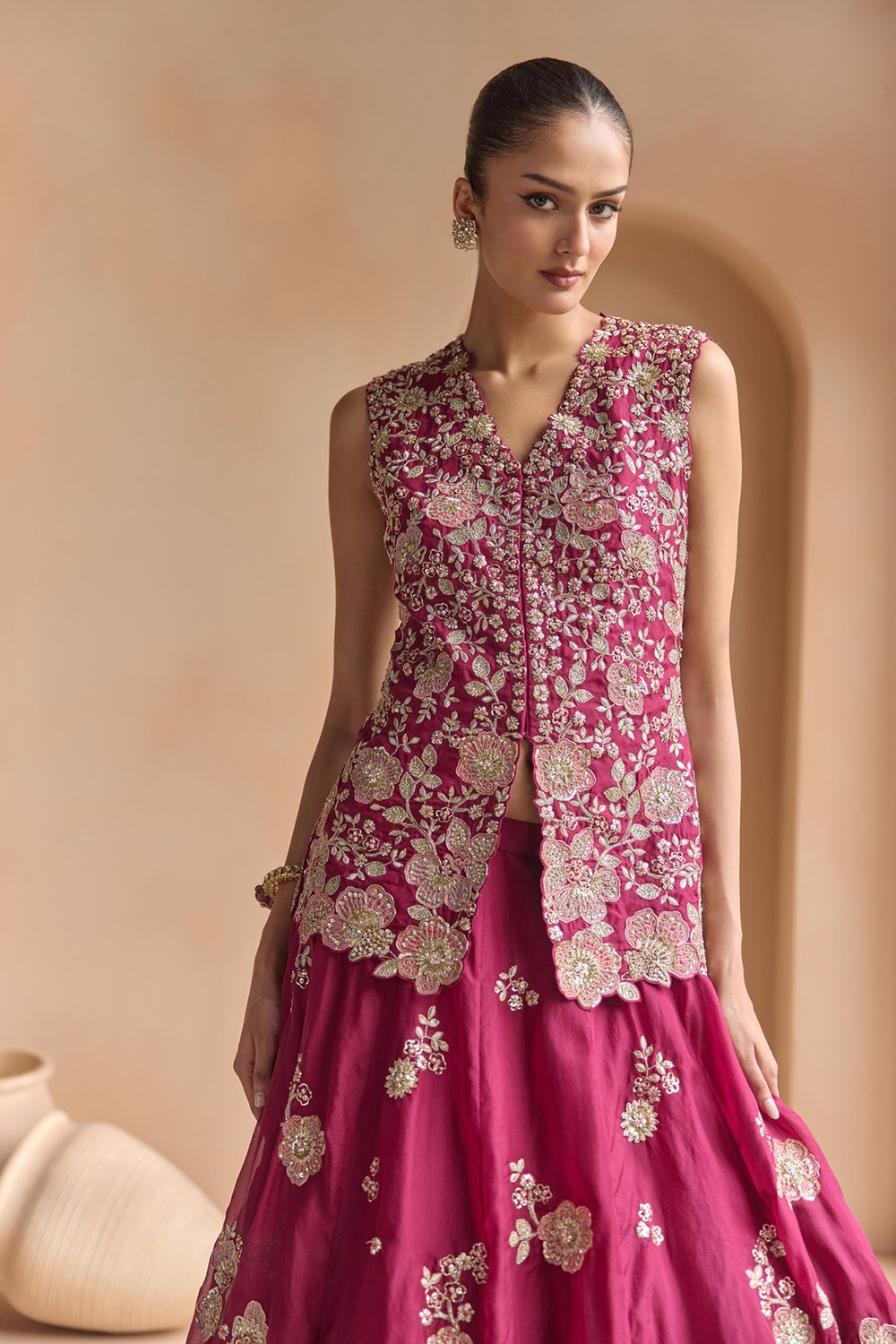 Sangria Plum Embroidered Organza Lehenga Set