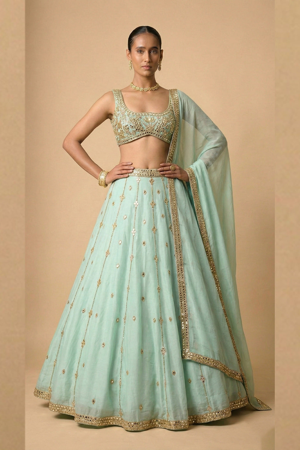 Sea blue mirror embroidery satin organza lehenga set