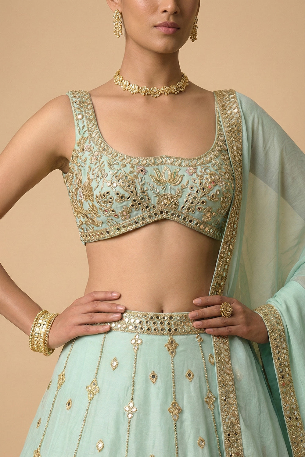 Sea blue mirror embroidery satin organza lehenga set