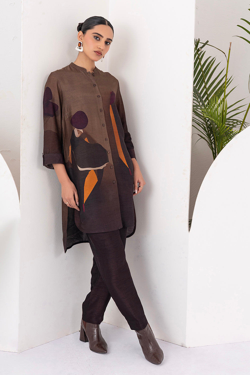 Shades Of Brown Viscose Dupion Printed Shirt Style Tunic