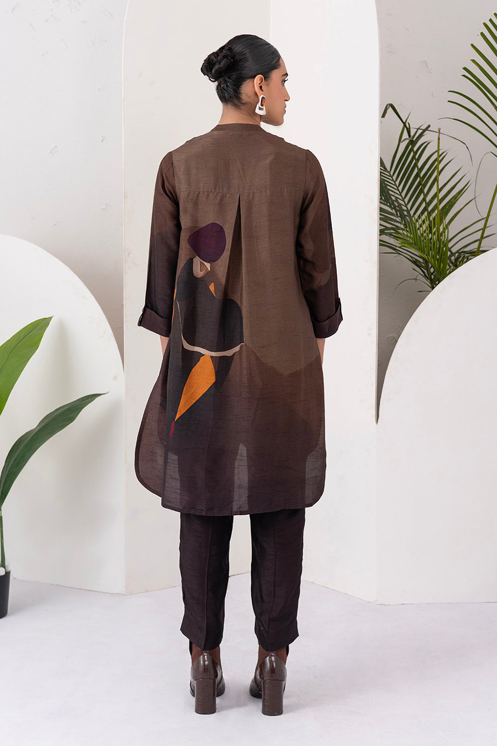 Shades Of Brown Viscose Dupion Printed Shirt Style Tunic