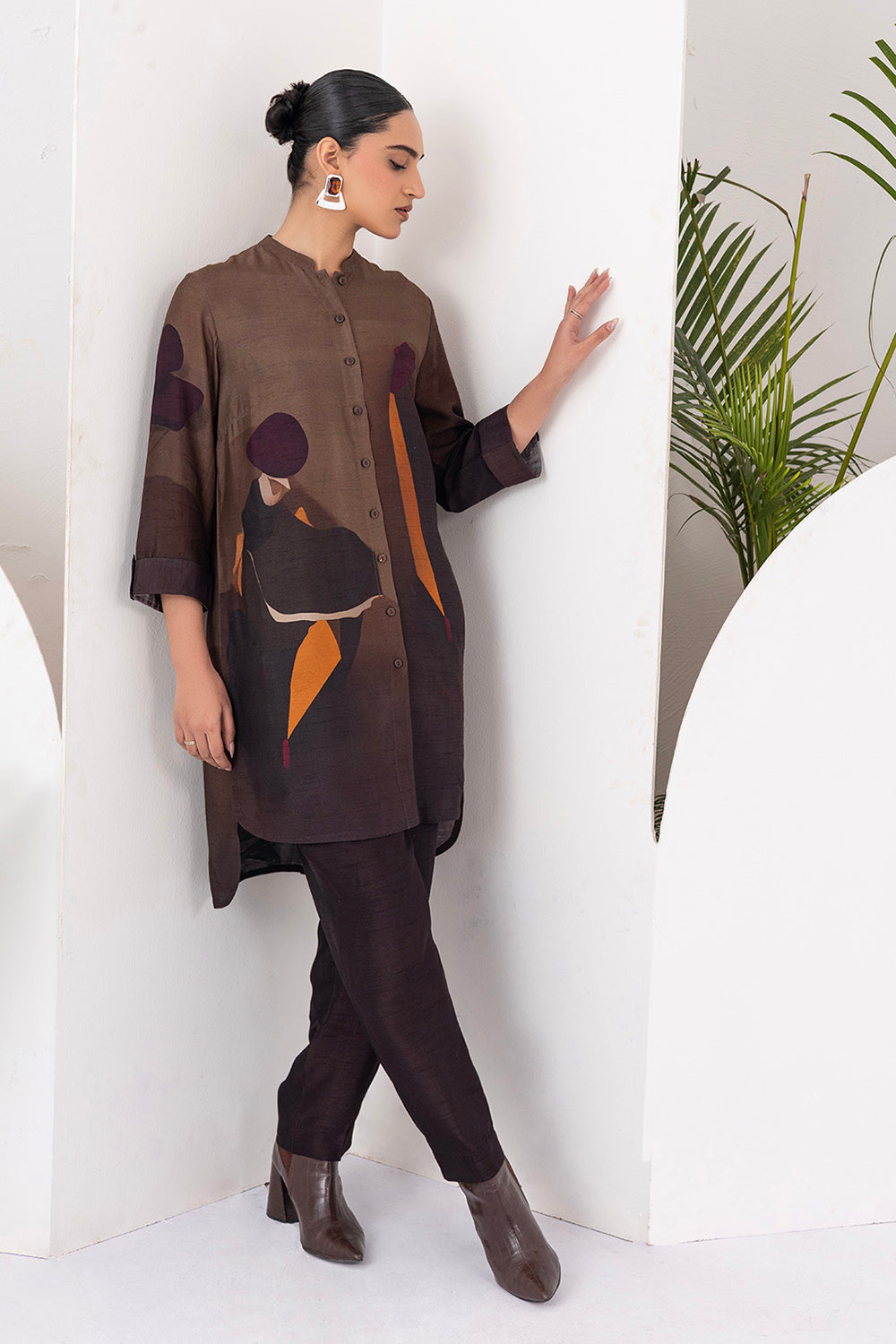 Shades Of Brown Viscose Dupion Printed Shirt Style Tunic