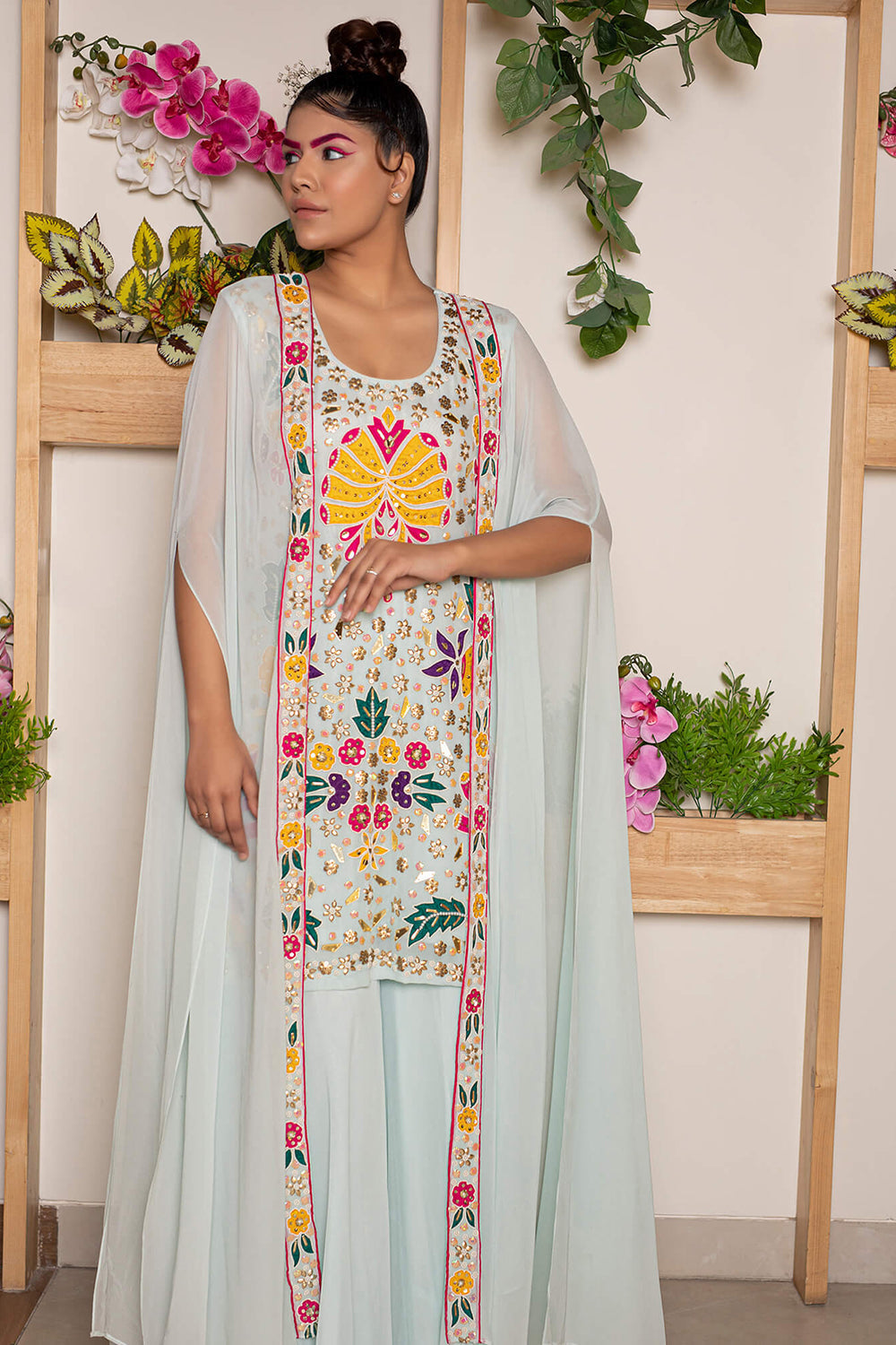 Sharara with Embroidered Skirt and Cape