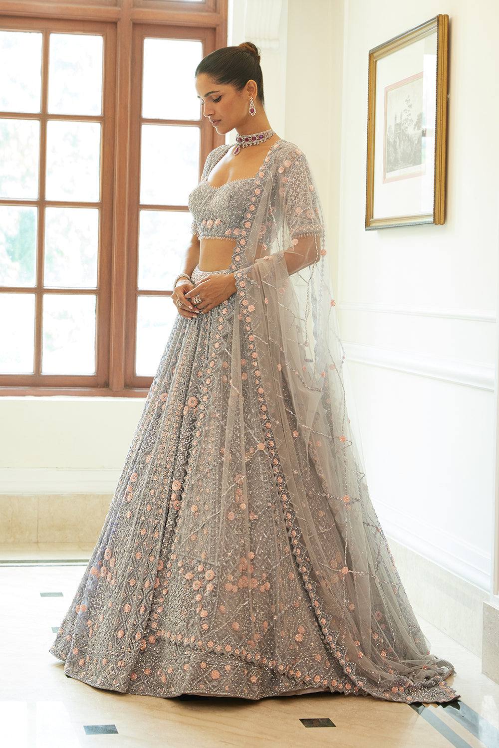 Silver Grey Net Lehenga Choli and Dupatta
